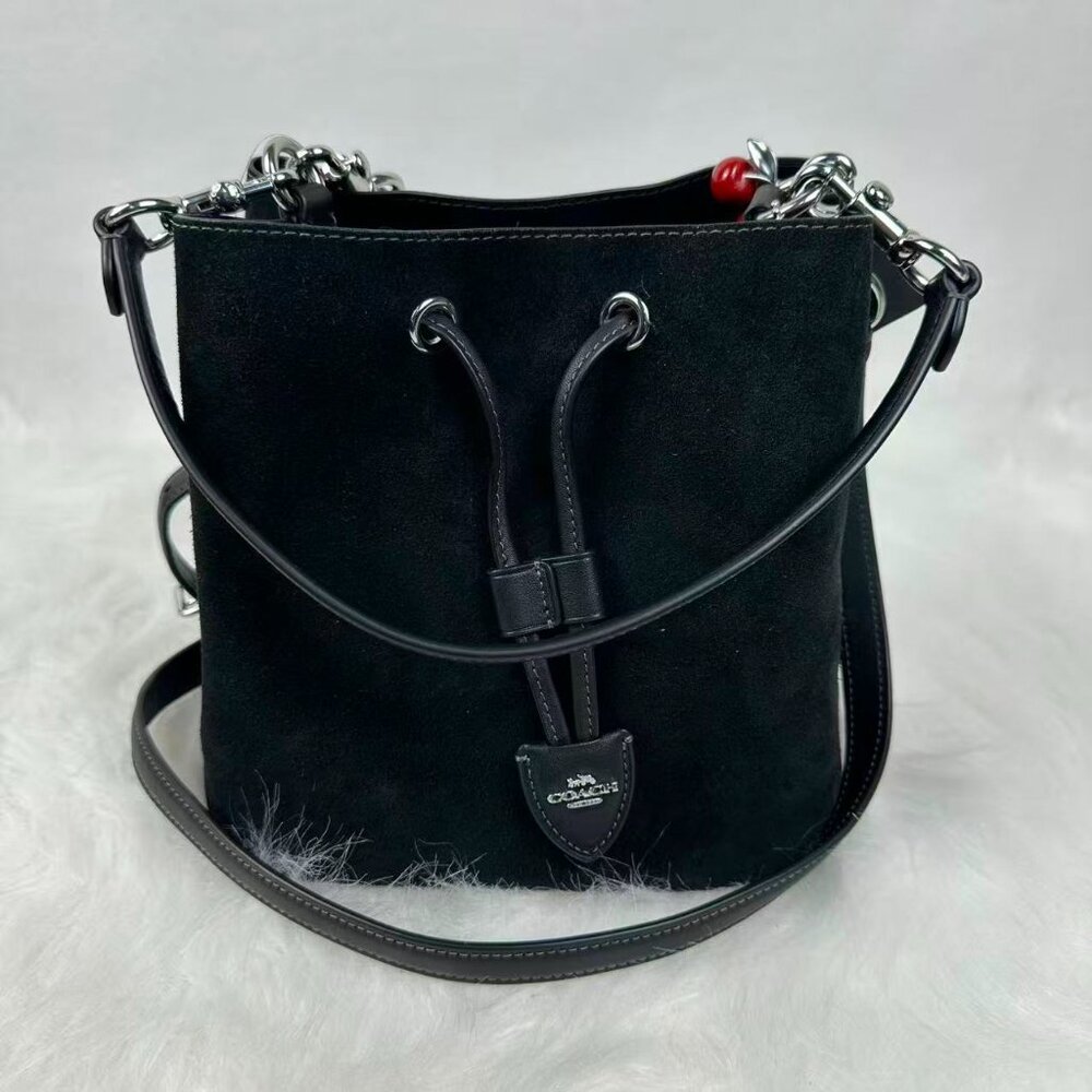 Coach Rowan Bucket Bag With Cherry Charm CCZ89 Suede/Silver/Black + Pouch